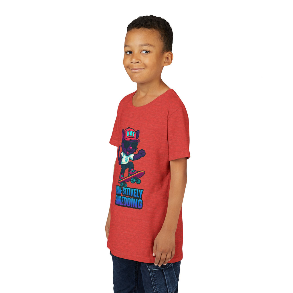 DJ KAT PAWS Paw-sitively Shredding, Skateboarding Youth Tee | Fun Summer Shirt, Motivational Kids T-Shirt, Birthday Gift for Boys & Girls