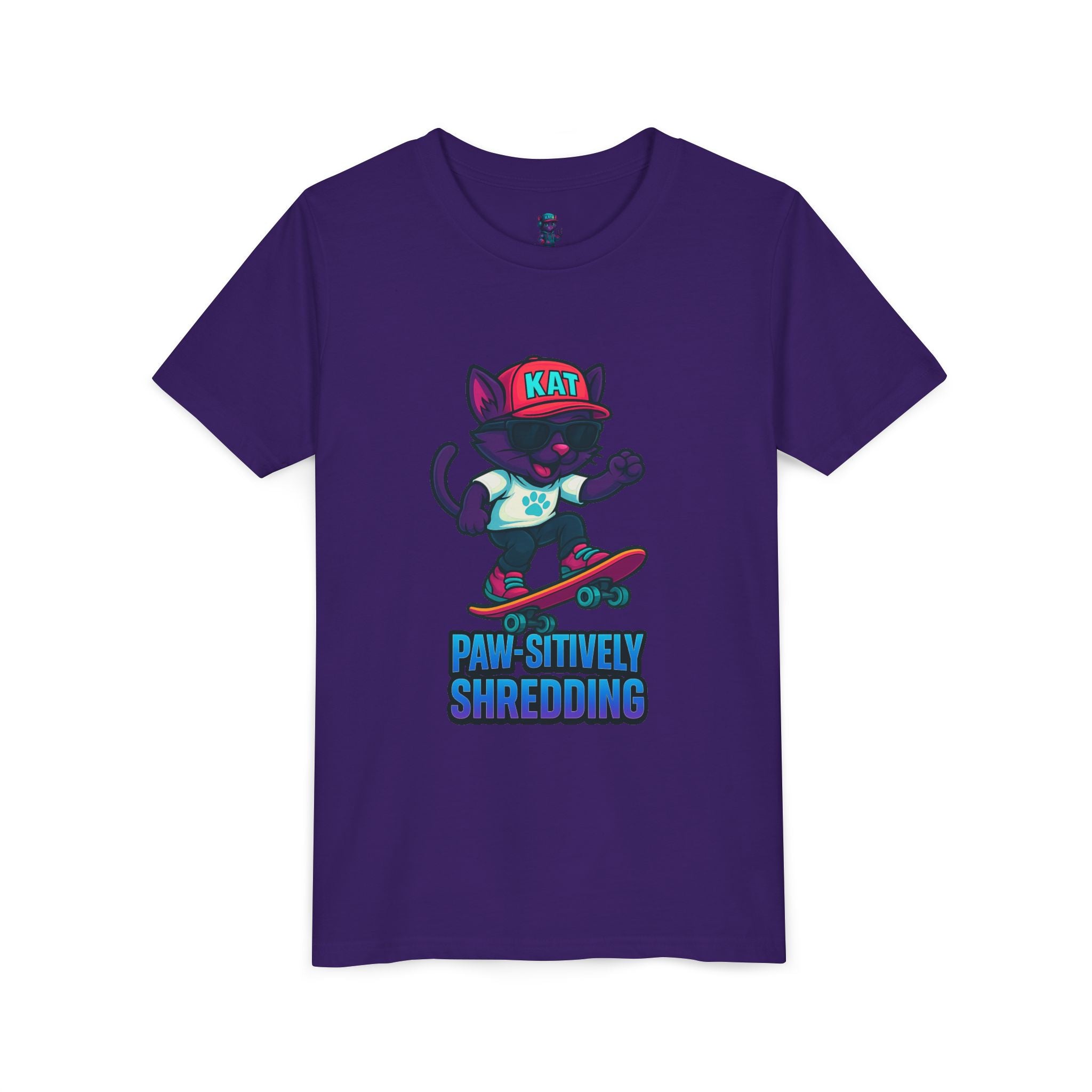 DJ KAT PAWS Paw-sitively Shredding, Skateboarding Youth Tee | Fun Summer Shirt, Motivational Kids T-Shirt, Birthday Gift for Boys & Girls