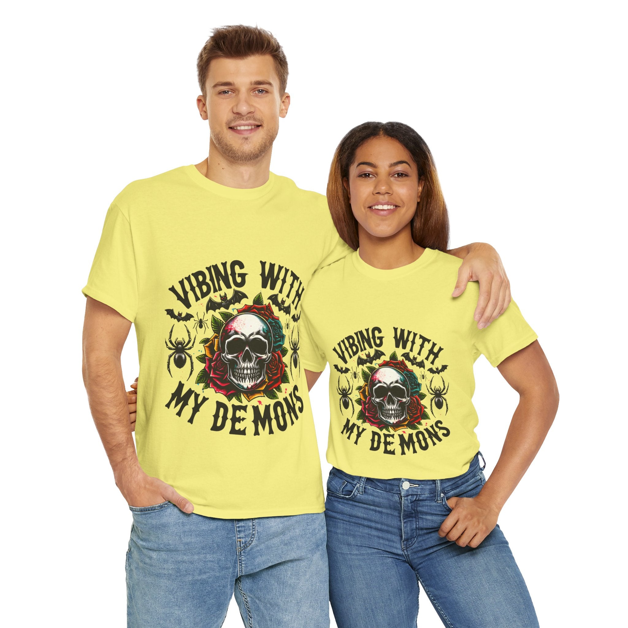 Vibing With My Demons, Halloween Skeleton & Pumpkin Tee, Spooky Season Apparel, Fall Fashion, Gift for Halloween Lovers