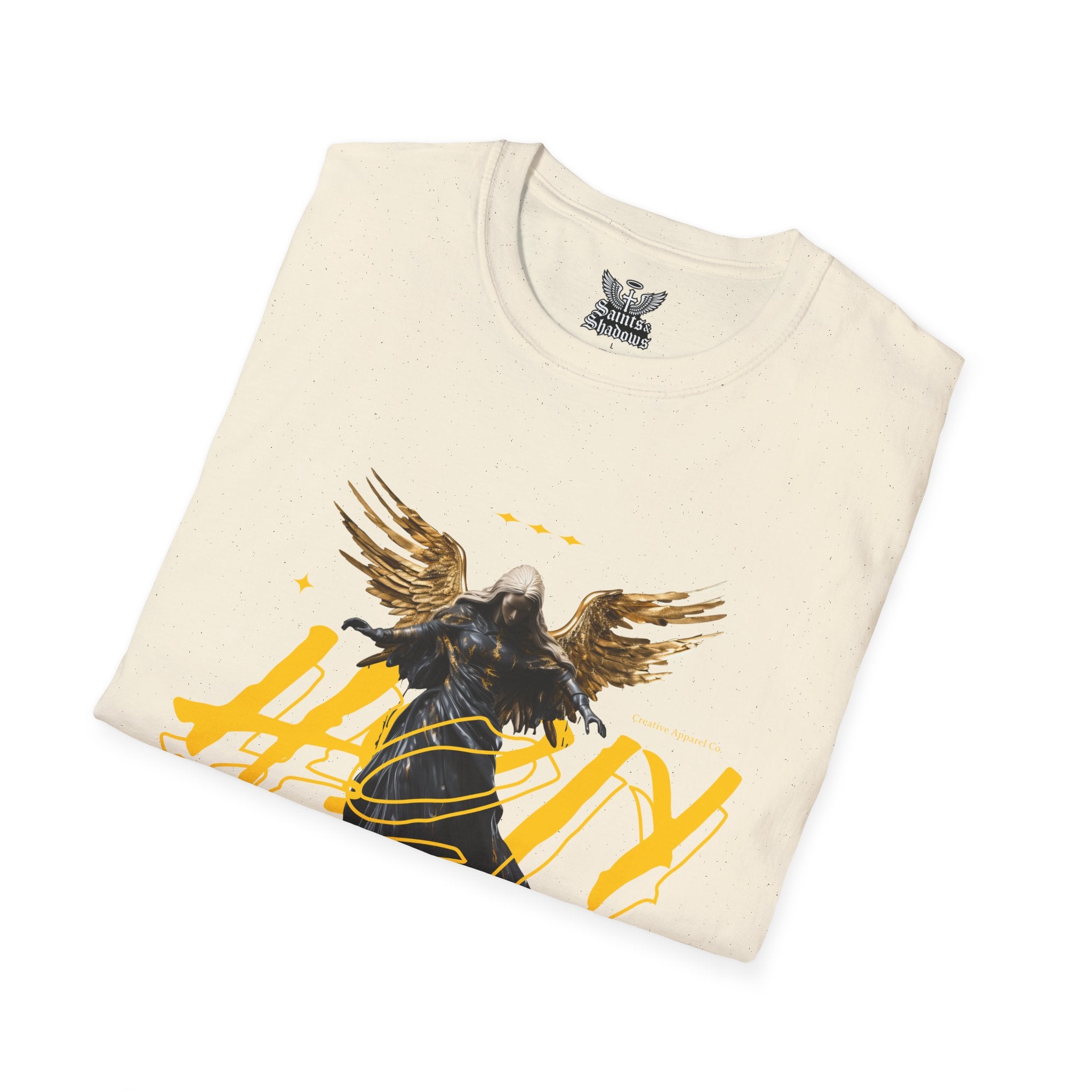 Saints and Shadows - Holy Wings, Angelic Artwork Unisex Softstyle T-Shirt, Casual Wear