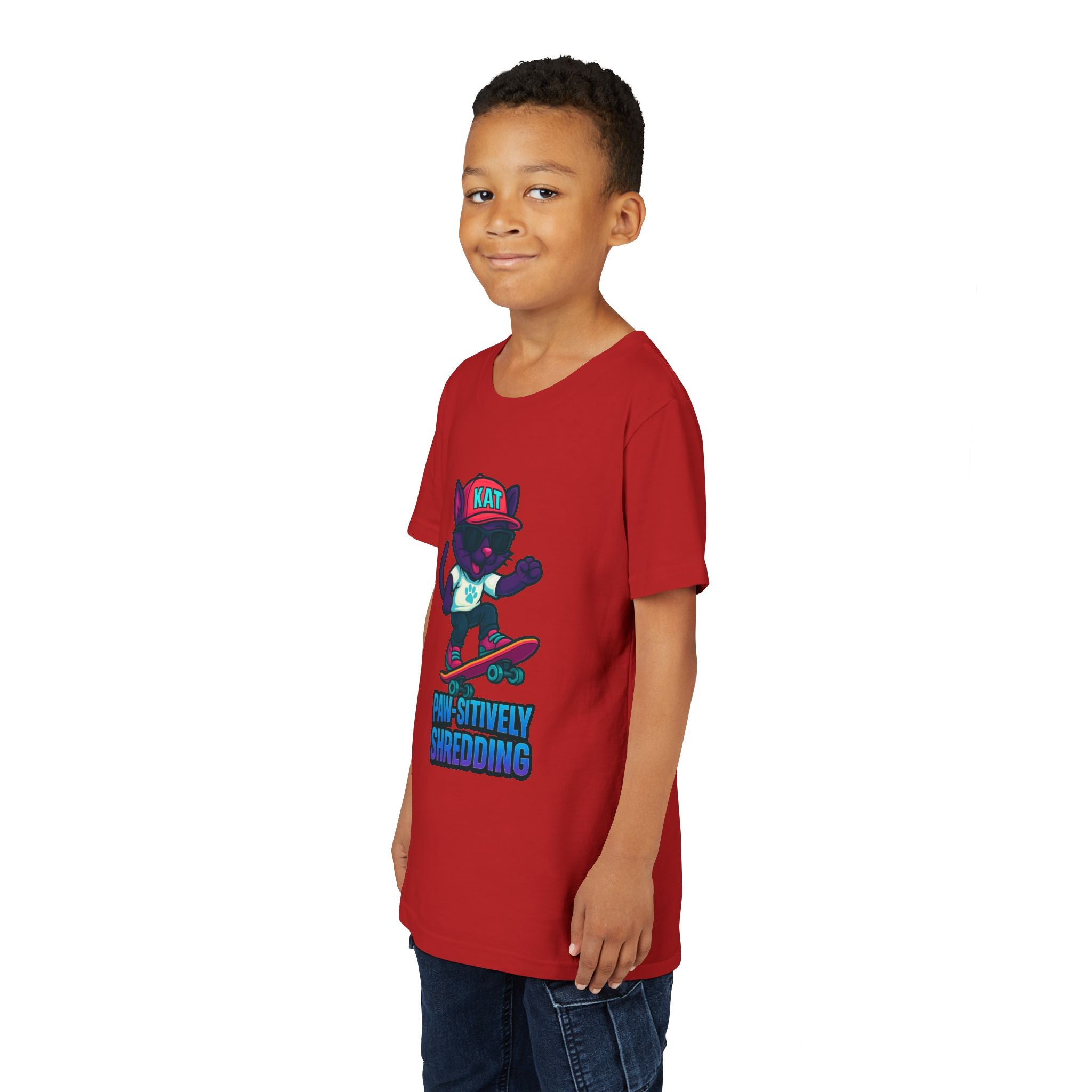 DJ KAT PAWS Paw-sitively Shredding, Skateboarding Youth Tee | Fun Summer Shirt, Motivational Kids T-Shirt, Birthday Gift for Boys & Girls