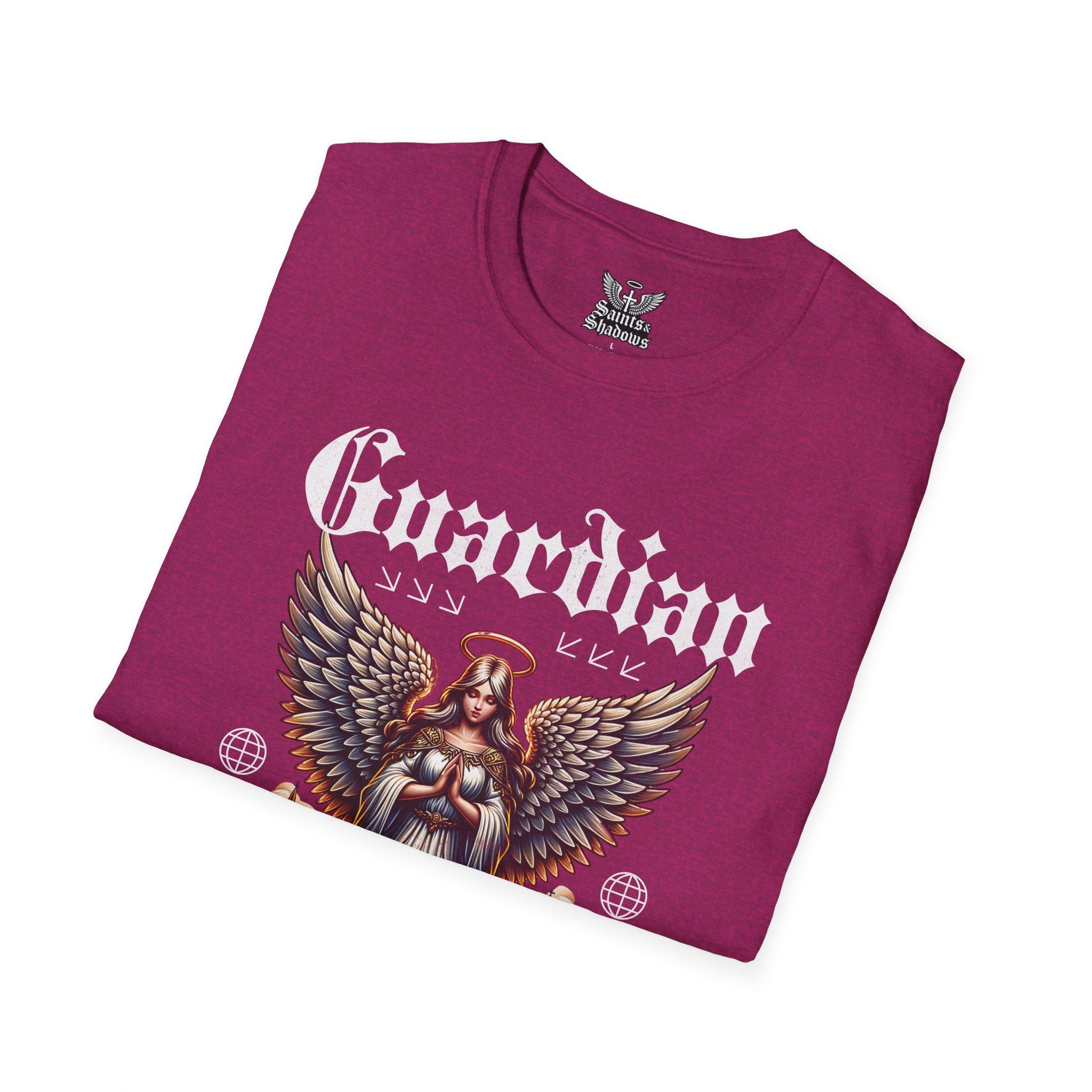 Saints and Shadows - Guardian of the Skyline, Angelic Artwork Unisex Softstyle T-Shirt, Casual Wear