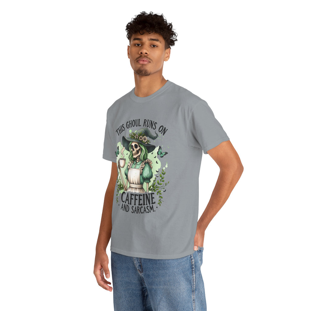 Caffeine and Sarcasm, Funny Halloween Tee, Unisex Tee, Perfect for Gifting, October Festivities, Casual Wear, Skeleton Graphic Tee