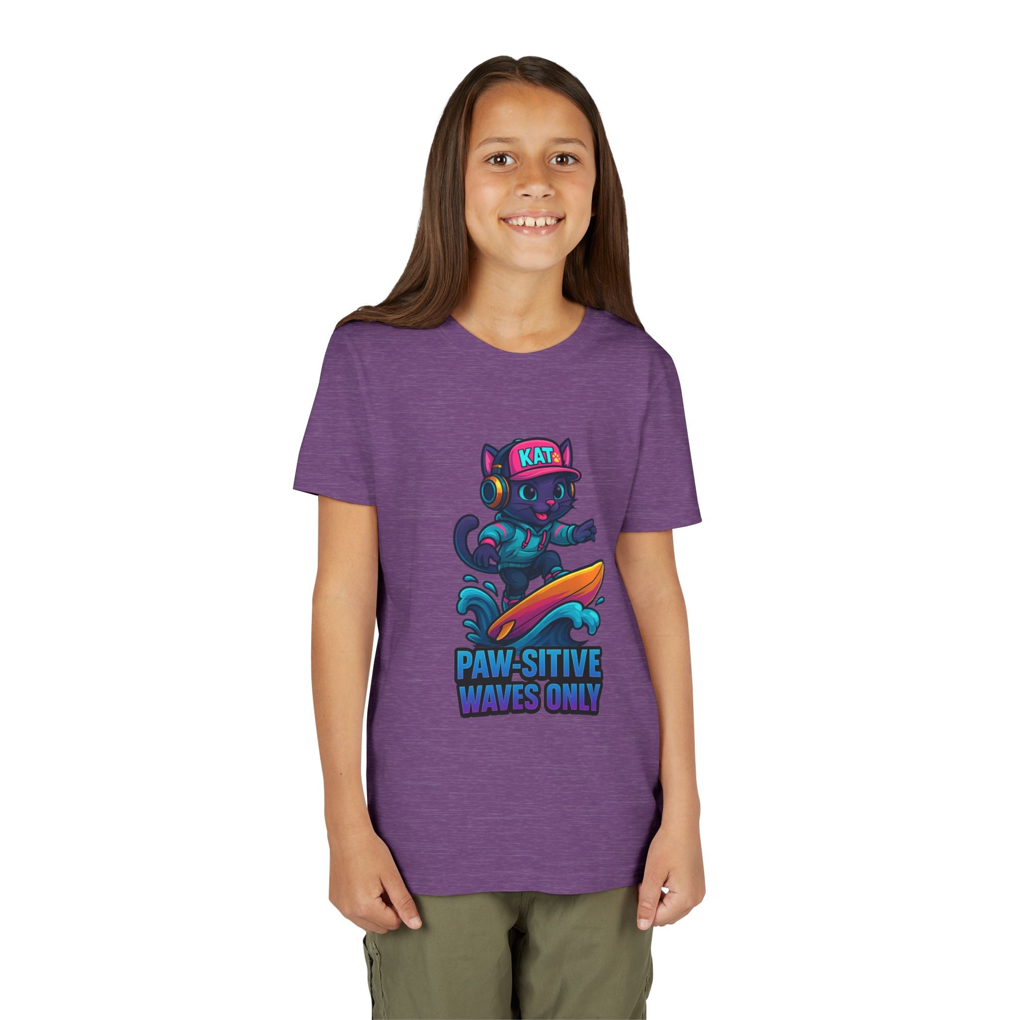 DJ KAT PAWS Paw-Sitive Waves Only, Youth Tee | Kids Surfing T-Shirt, Fun Cat Graphic Top, Summer Apparel, Gifts for Animal Lovers