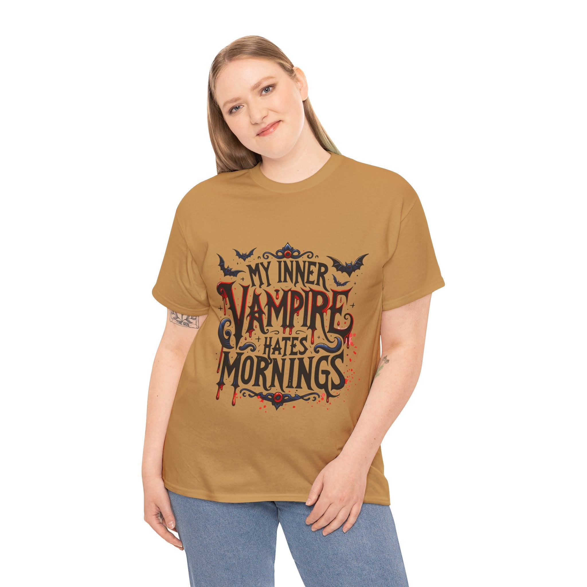 My Inner Vampire Hates Mornings, Tee - Unisex Heavy Cotton Shirt for Halloween, Gifts, Casual Wear, Funny T-Shirt, Vampire Lover Apparel