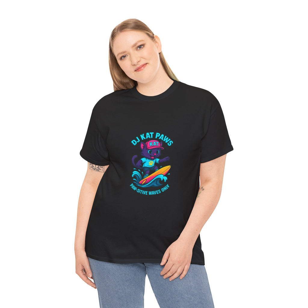 DJ KAT PAWS Surfing Fun T-Shirt | Stay Cool, Have Fun, Play Safe, Be You! | Fun Summer Tee, Gift for Cat Lovers, Beach Vibes