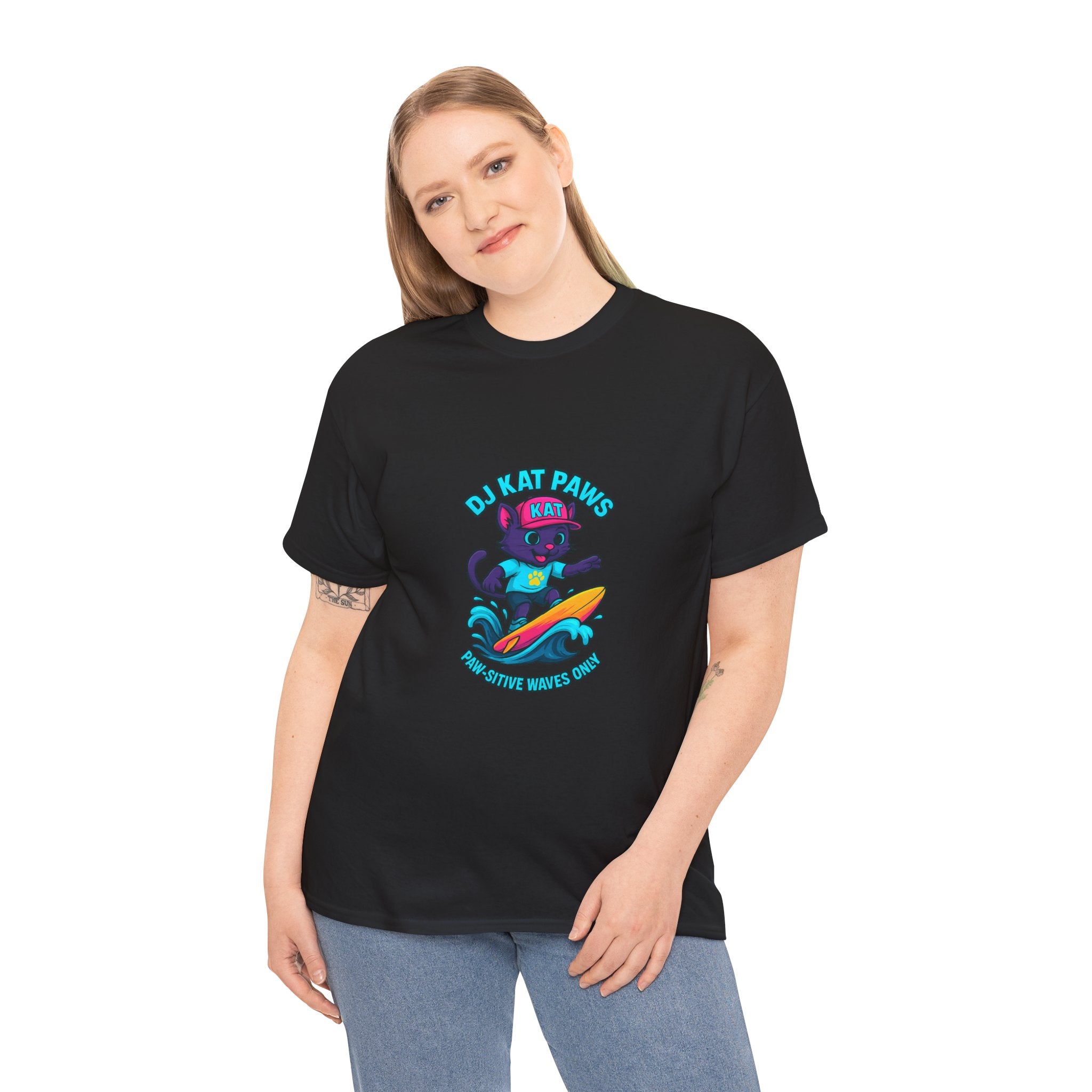 DJ KAT PAWS Surfing Fun T-Shirt | Stay Cool, Have Fun, Play Safe, Be You! | Fun Summer Tee, Gift for Cat Lovers, Beach Vibes