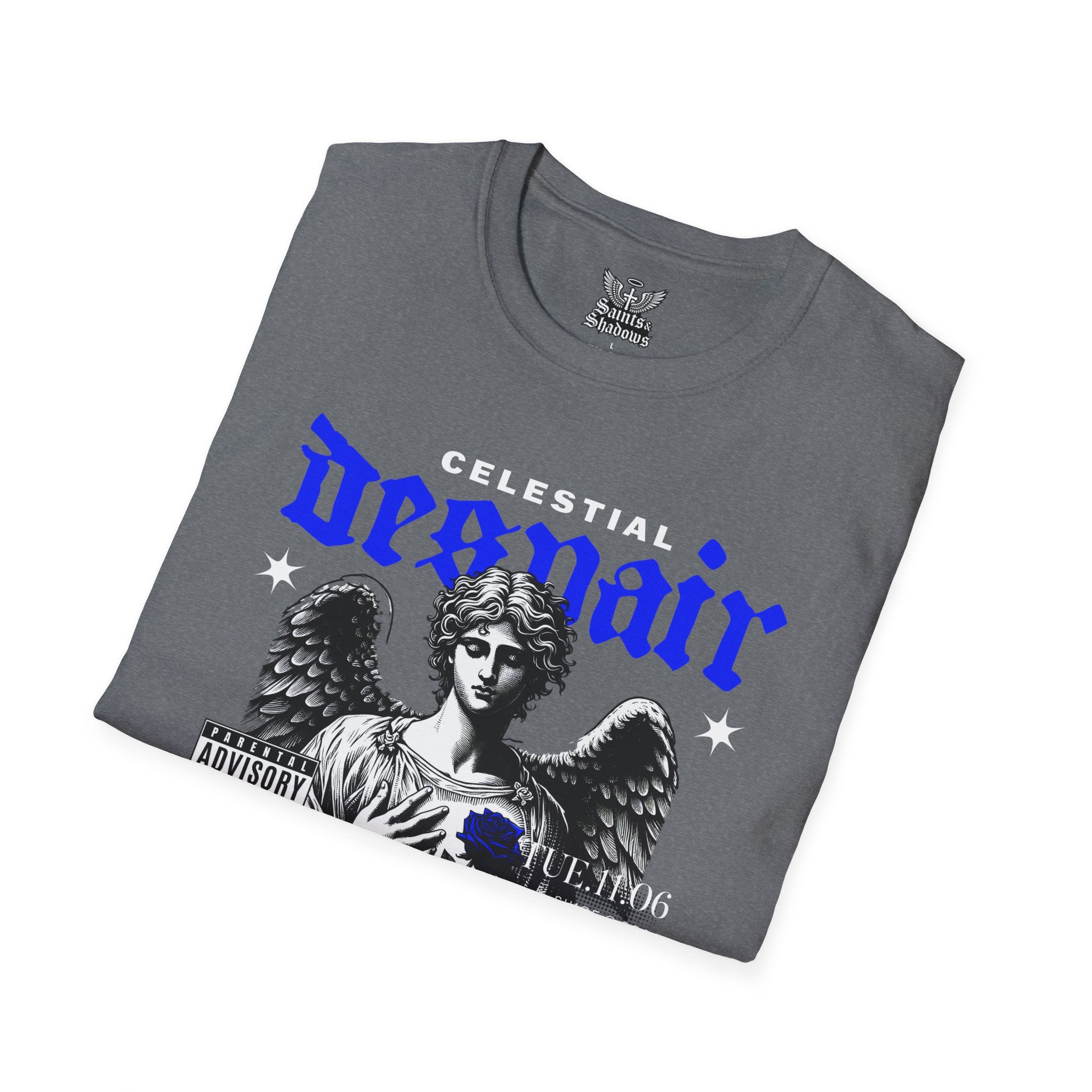 Saints and Shadows - Celestial Despair, Angelic Artwork Unisex Softstyle T-Shirt, Casual Wear