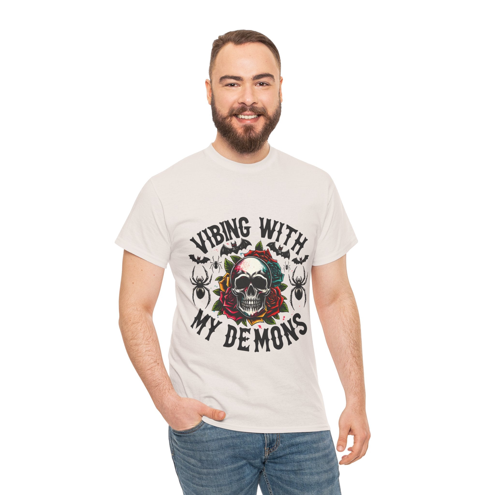 Vibing With My Demons, Halloween Skeleton & Pumpkin Tee, Spooky Season Apparel, Fall Fashion, Gift for Halloween Lovers