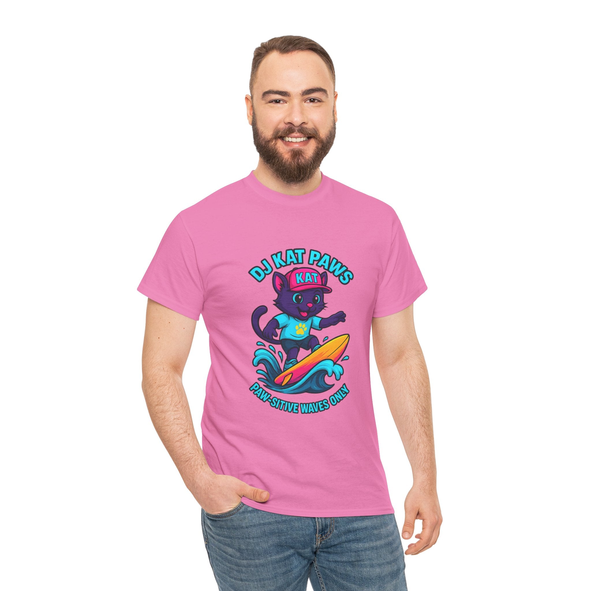 DJ KAT PAWS Surfing Fun T-Shirt | Stay Cool, Have Fun, Play Safe, Be You! | Fun Summer Tee, Gift for Cat Lovers, Beach Vibes