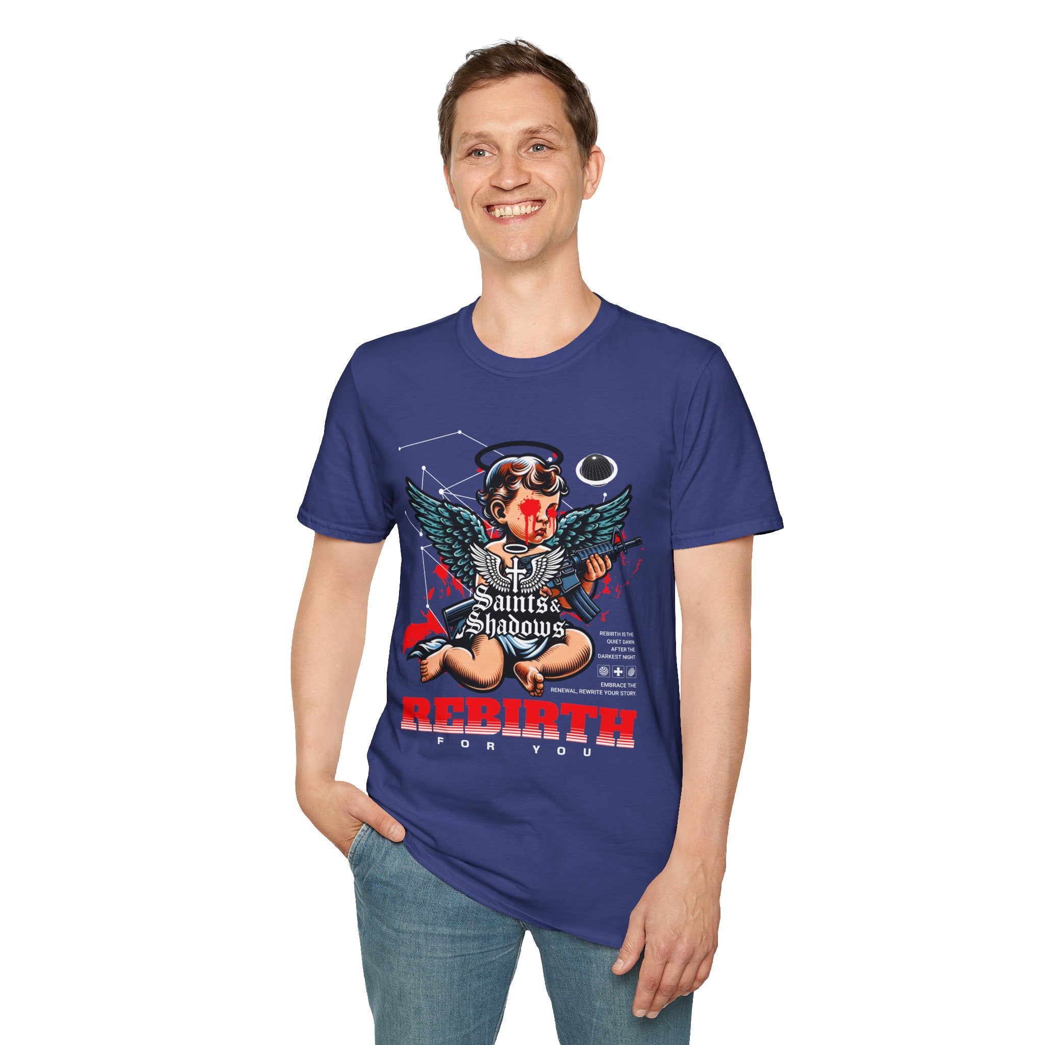 Saints and Shadows - Rebirth, Angelic Artwork Unisex Softstyle T-Shirt, Casual Wear