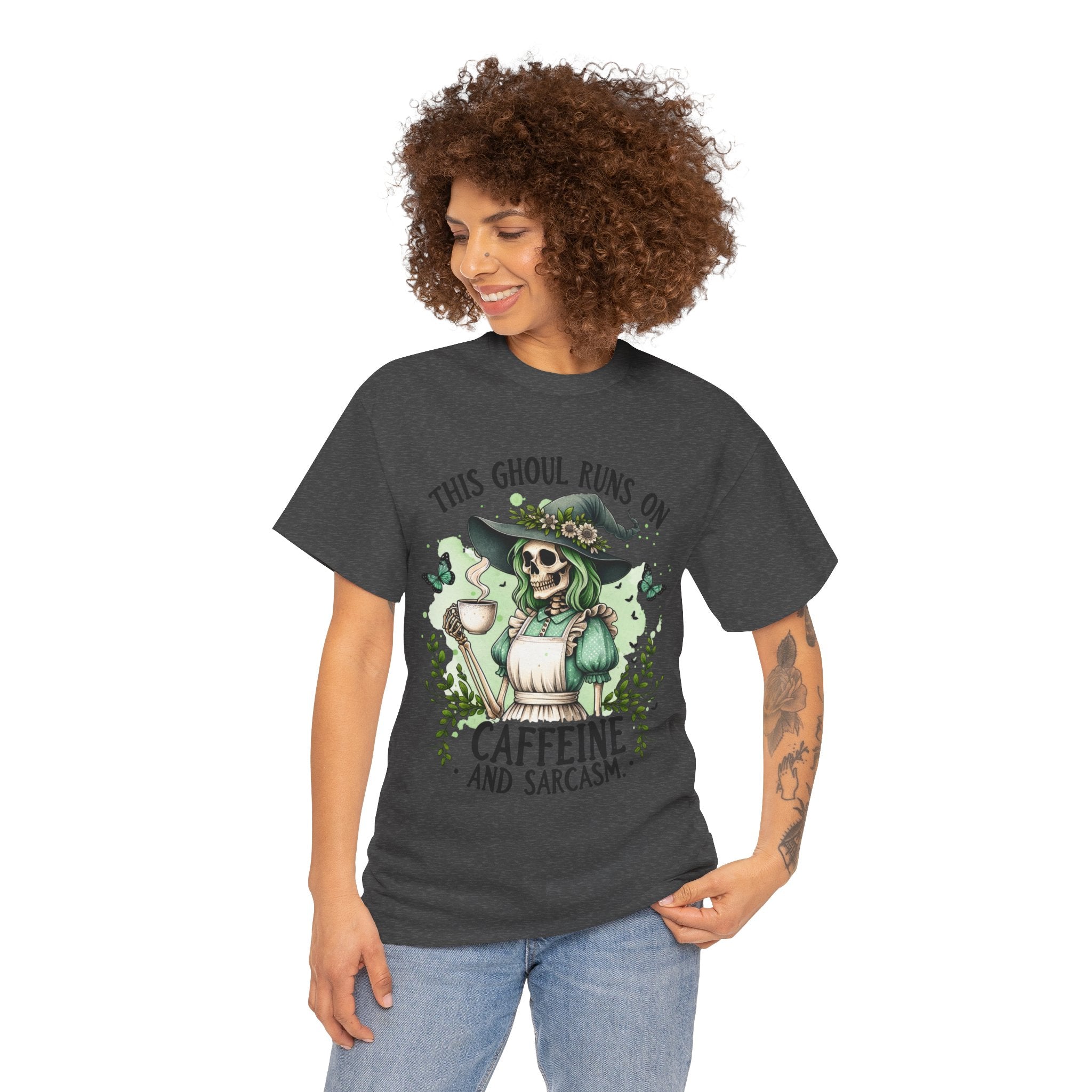 Caffeine and Sarcasm, Funny Halloween Tee, Unisex Tee, Perfect for Gifting, October Festivities, Casual Wear, Skeleton Graphic Tee
