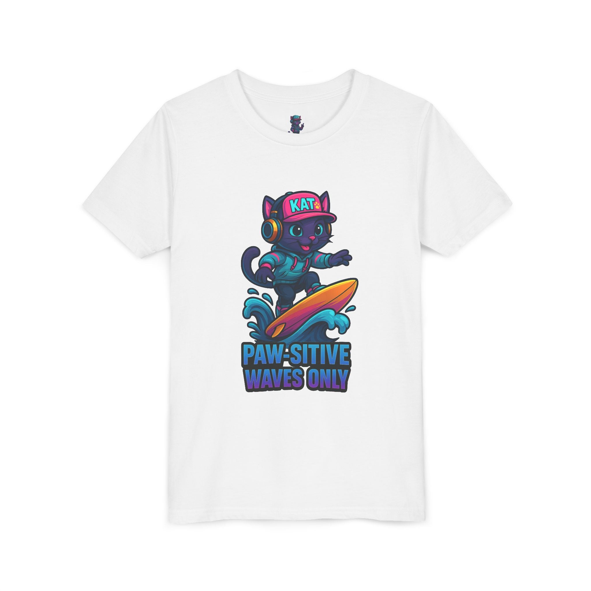 DJ KAT PAWS Paw-Sitive Waves Only, Youth Tee | Kids Surfing T-Shirt, Fun Cat Graphic Top, Summer Apparel, Gifts for Animal Lovers