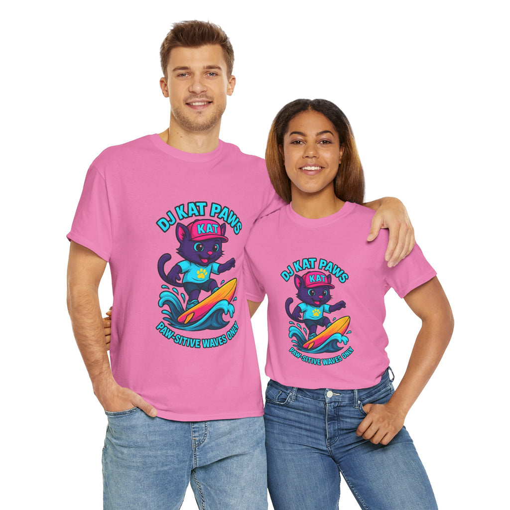 DJ KAT PAWS Surfing Fun T-Shirt | Stay Cool, Have Fun, Play Safe, Be You! | Fun Summer Tee, Gift for Cat Lovers, Beach Vibes