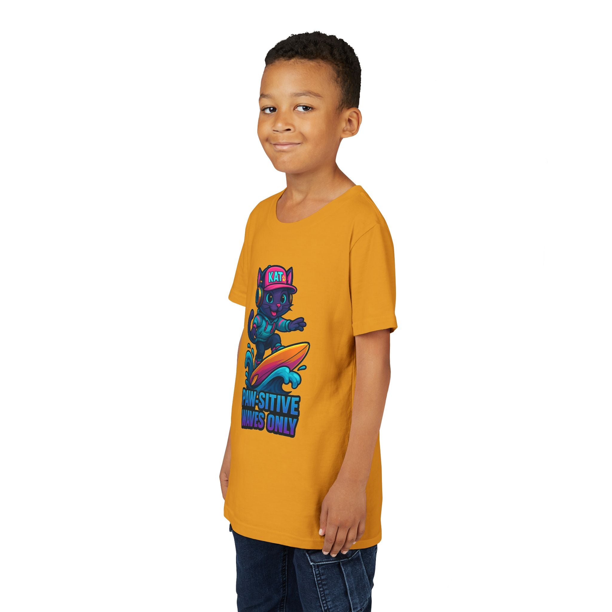 DJ KAT PAWS Paw-Sitive Waves Only, Youth Tee | Kids Surfing T-Shirt, Fun Cat Graphic Top, Summer Apparel, Gifts for Animal Lovers