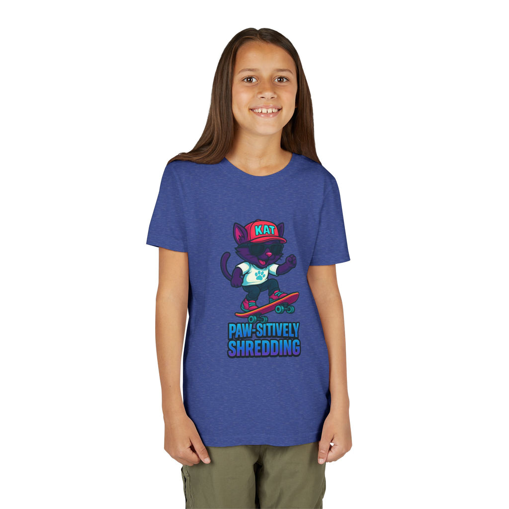 DJ KAT PAWS Paw-sitively Shredding, Skateboarding Youth Tee | Fun Summer Shirt, Motivational Kids T-Shirt, Birthday Gift for Boys & Girls