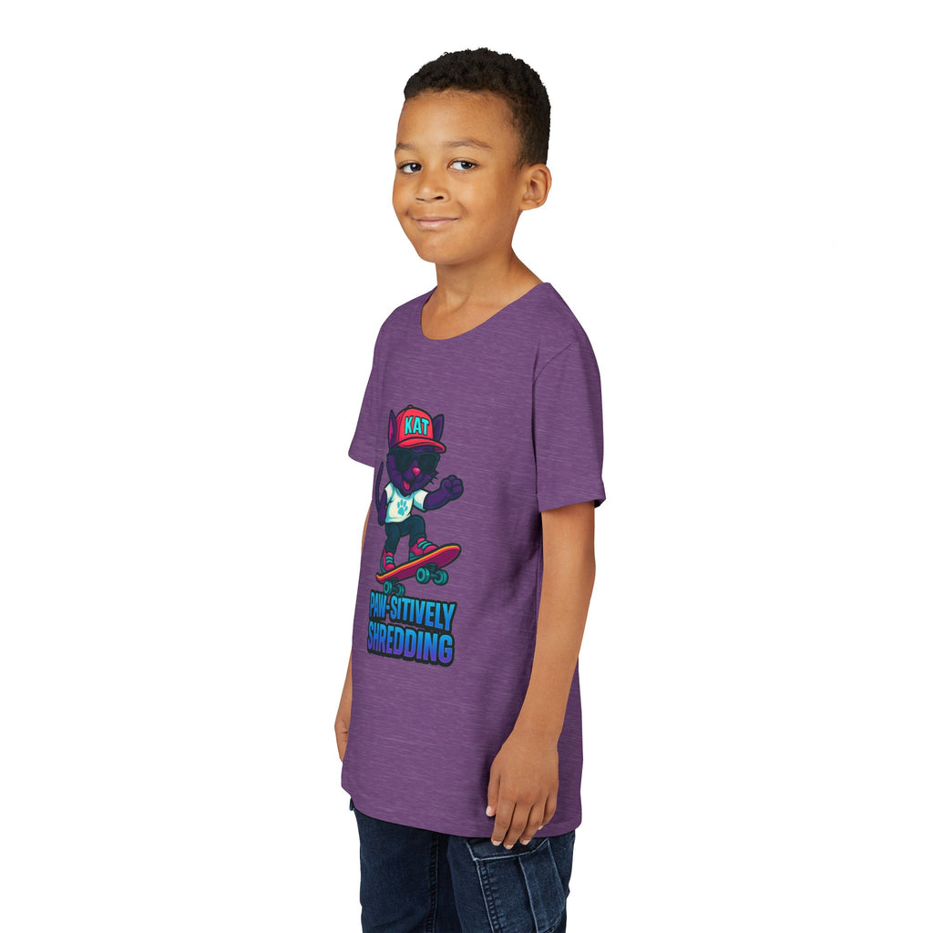 DJ KAT PAWS Paw-sitively Shredding, Skateboarding Youth Tee | Fun Summer Shirt, Motivational Kids T-Shirt, Birthday Gift for Boys & Girls