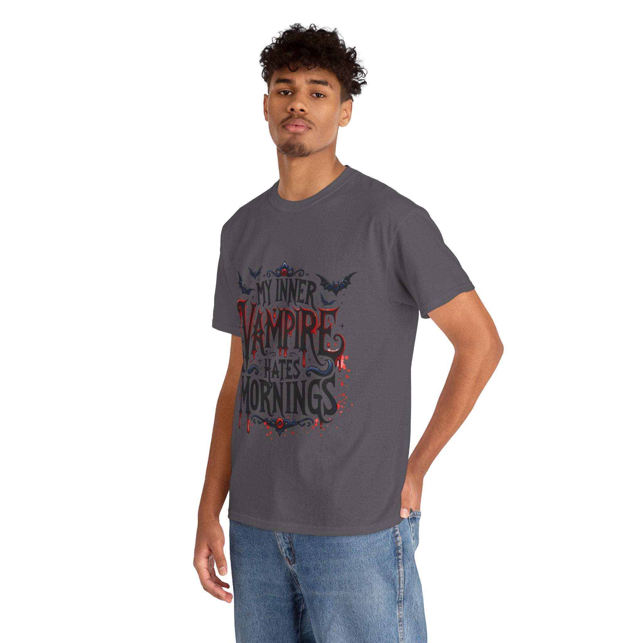 My Inner Vampire Hates Mornings, Tee - Unisex Heavy Cotton Shirt for Halloween, Gifts, Casual Wear, Funny T-Shirt, Vampire Lover Apparel