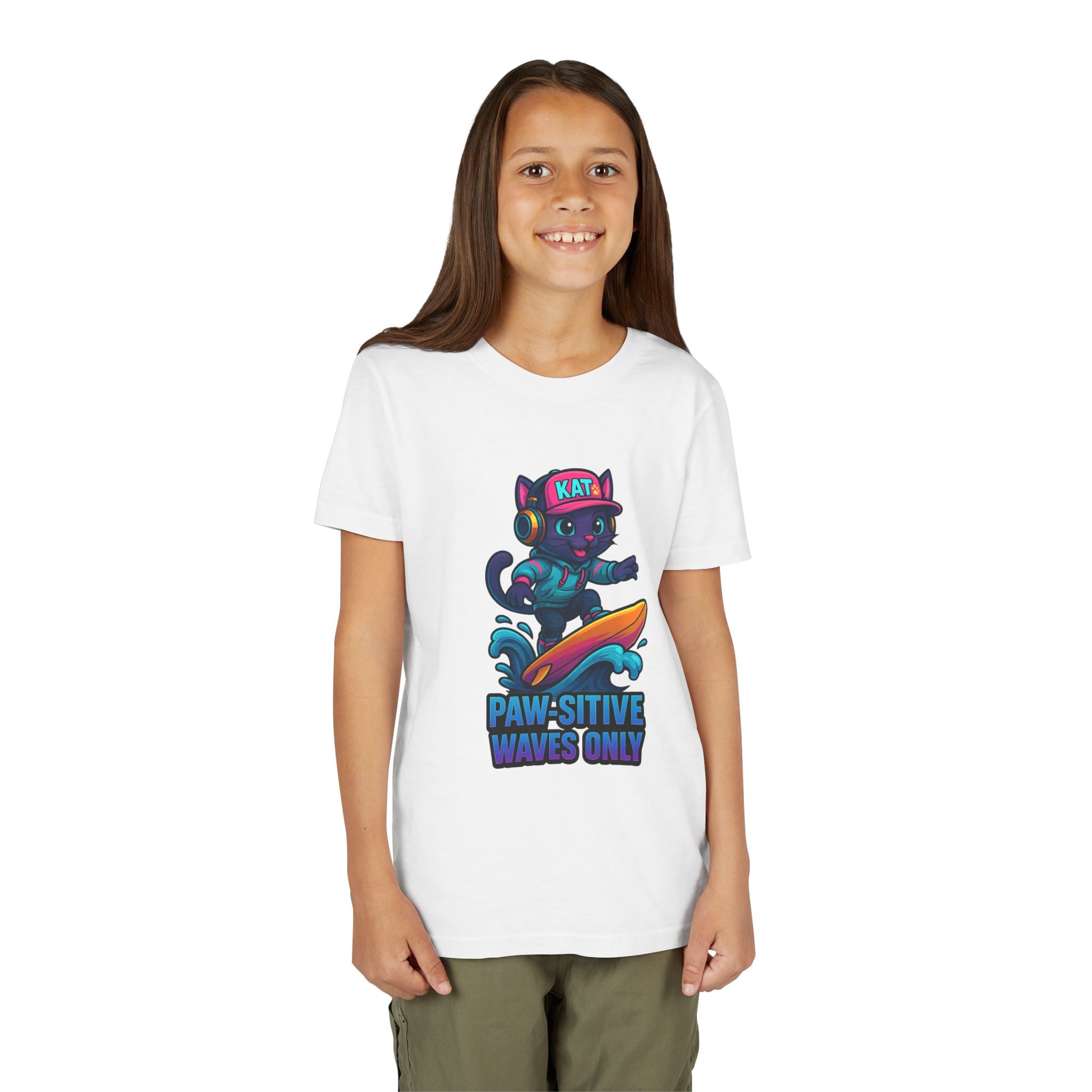 DJ KAT PAWS Paw-Sitive Waves Only, Youth Tee | Kids Surfing T-Shirt, Fun Cat Graphic Top, Summer Apparel, Gifts for Animal Lovers