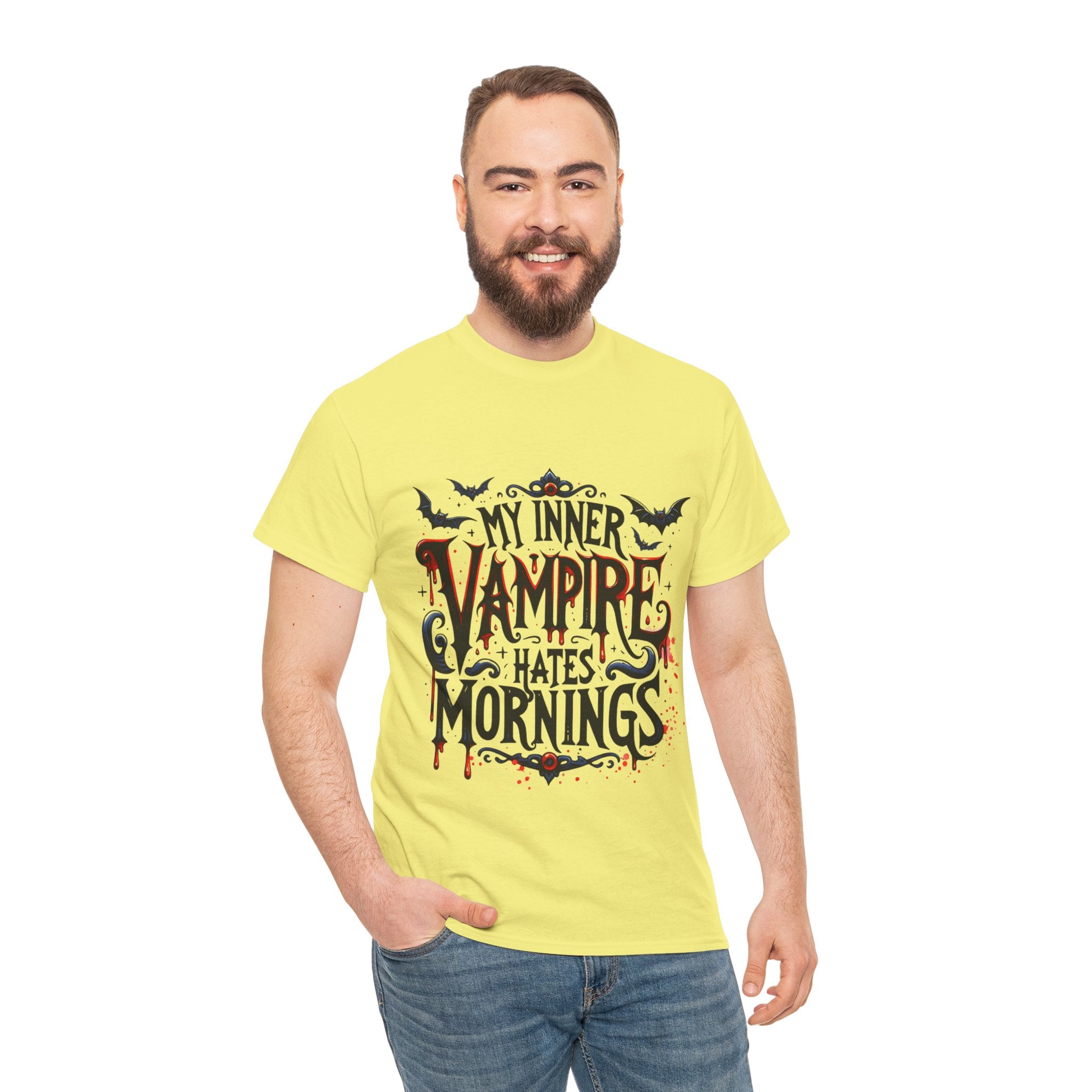 My Inner Vampire Hates Mornings, Tee - Unisex Heavy Cotton Shirt for Halloween, Gifts, Casual Wear, Funny T-Shirt, Vampire Lover Apparel