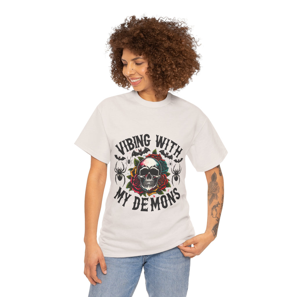 Vibing With My Demons, Halloween Skeleton & Pumpkin Tee, Spooky Season Apparel, Fall Fashion, Gift for Halloween Lovers