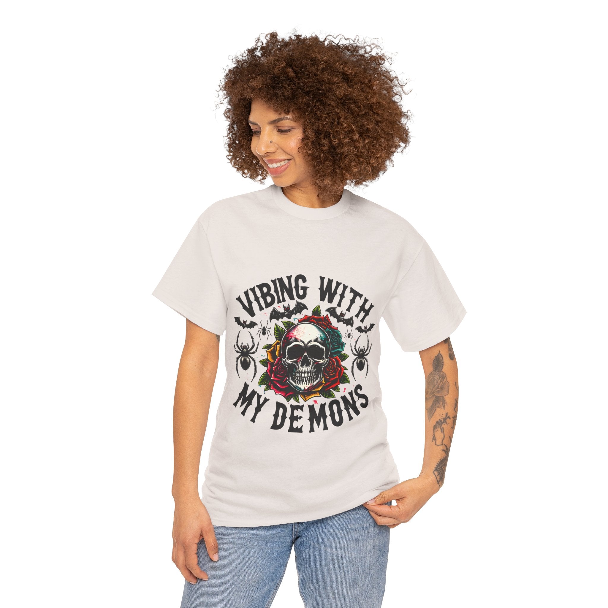 Vibing With My Demons, Halloween Skeleton & Pumpkin Tee, Spooky Season Apparel, Fall Fashion, Gift for Halloween Lovers