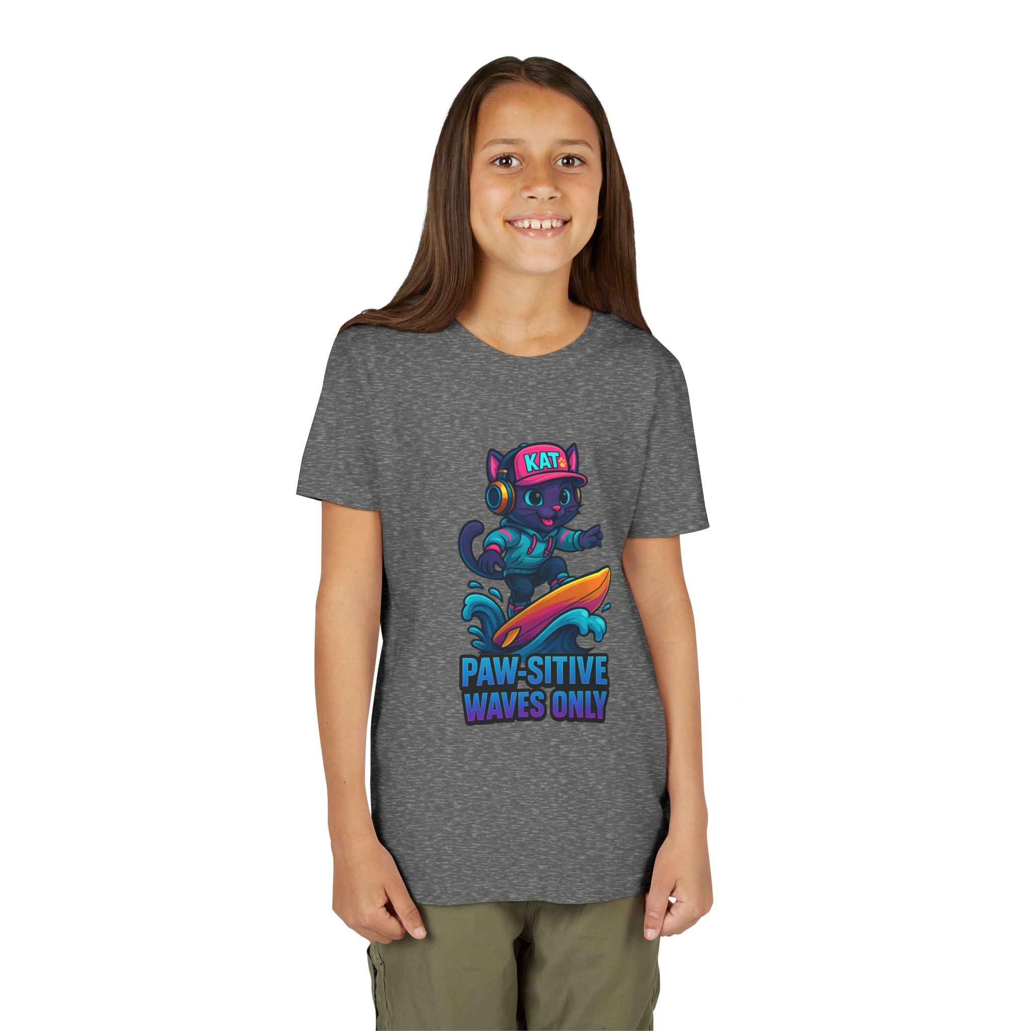 DJ KAT PAWS Paw-Sitive Waves Only, Youth Tee | Kids Surfing T-Shirt, Fun Cat Graphic Top, Summer Apparel, Gifts for Animal Lovers