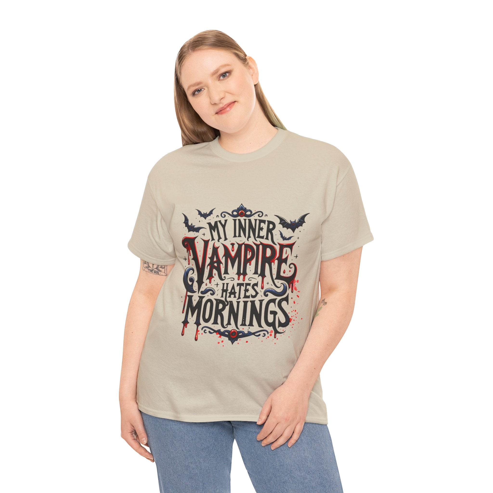 My Inner Vampire Hates Mornings, Tee - Unisex Heavy Cotton Shirt for Halloween, Gifts, Casual Wear, Funny T-Shirt, Vampire Lover Apparel