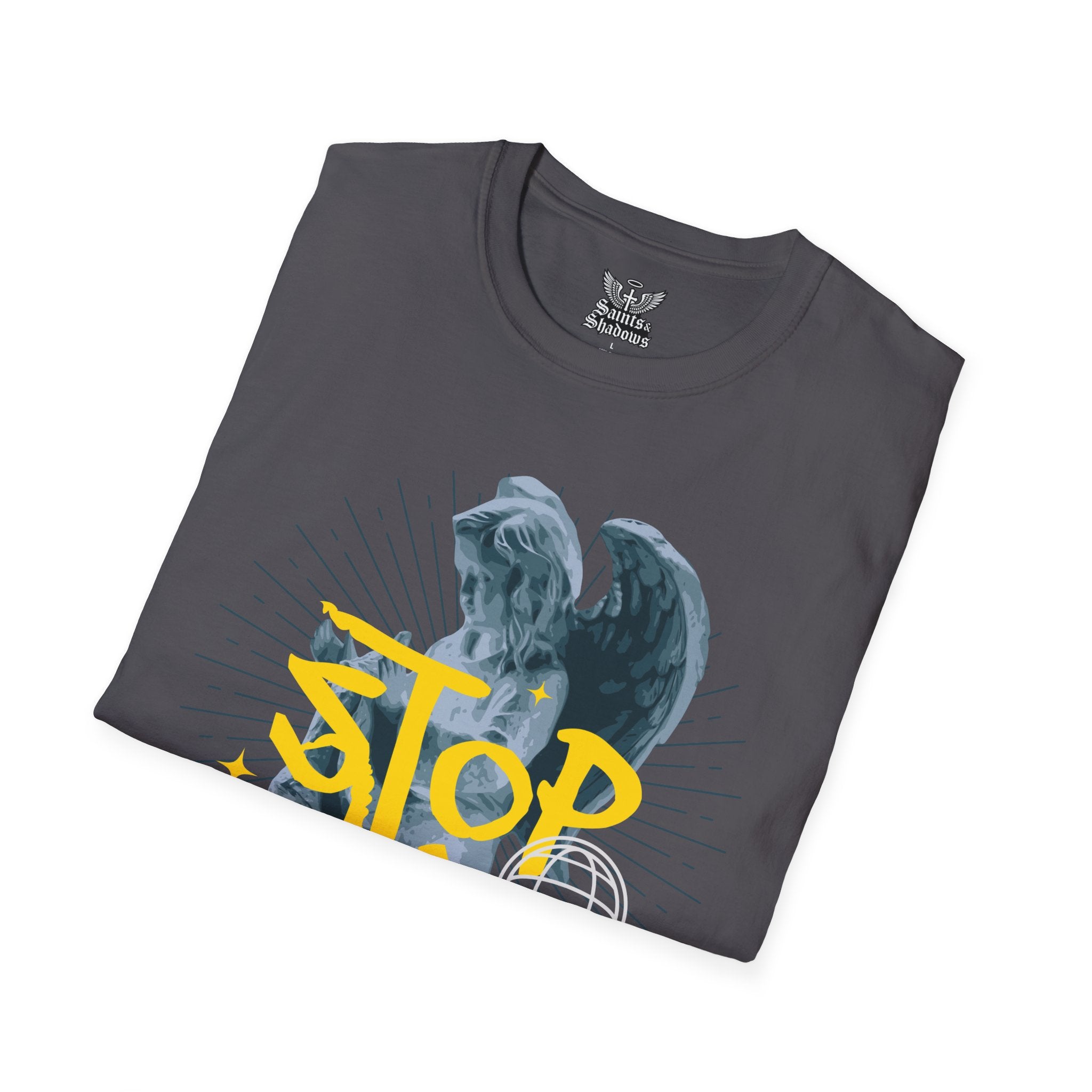 Saints and Shadows - Stop Wars, Angelic Artwork Unisex Softstyle T-Shirt, Casual Wear