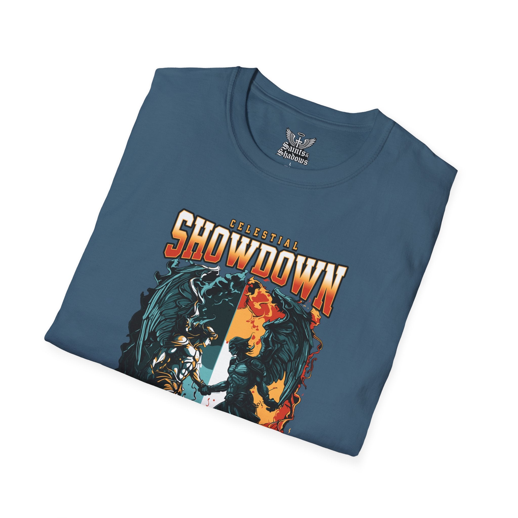 Saints and Shadows - Epic Showdown, Angelic Artwork Unisex Softstyle T-Shirt, Casual Wear