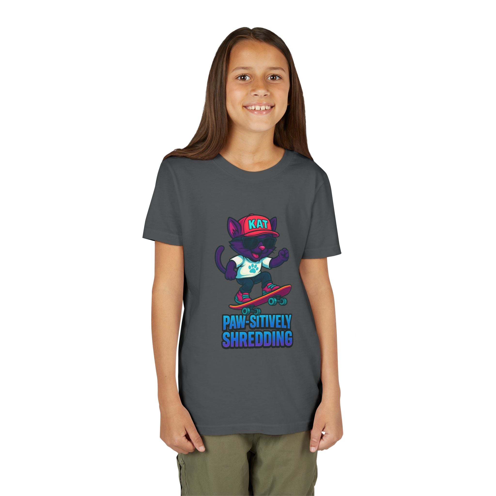 DJ KAT PAWS Paw-sitively Shredding, Skateboarding Youth Tee | Fun Summer Shirt, Motivational Kids T-Shirt, Birthday Gift for Boys & Girls