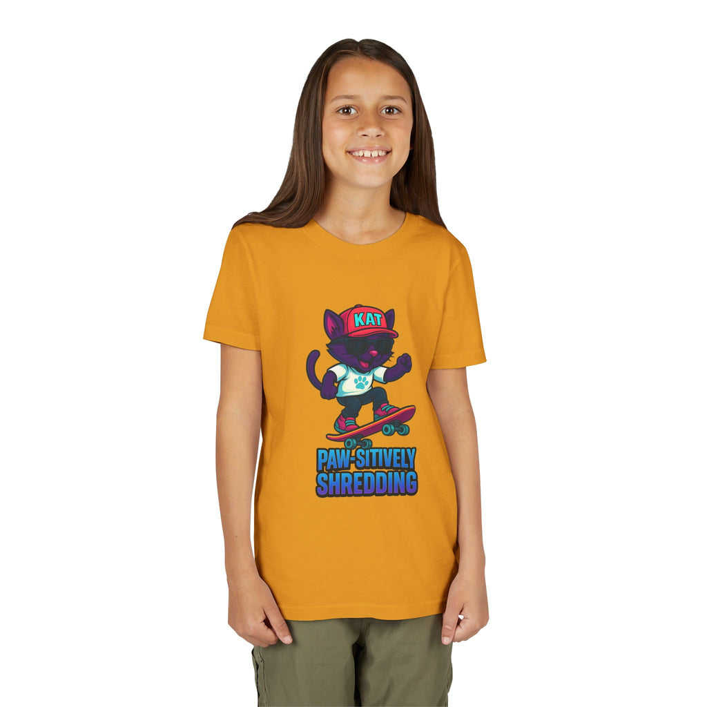 DJ KAT PAWS Paw-sitively Shredding, Skateboarding Youth Tee | Fun Summer Shirt, Motivational Kids T-Shirt, Birthday Gift for Boys & Girls