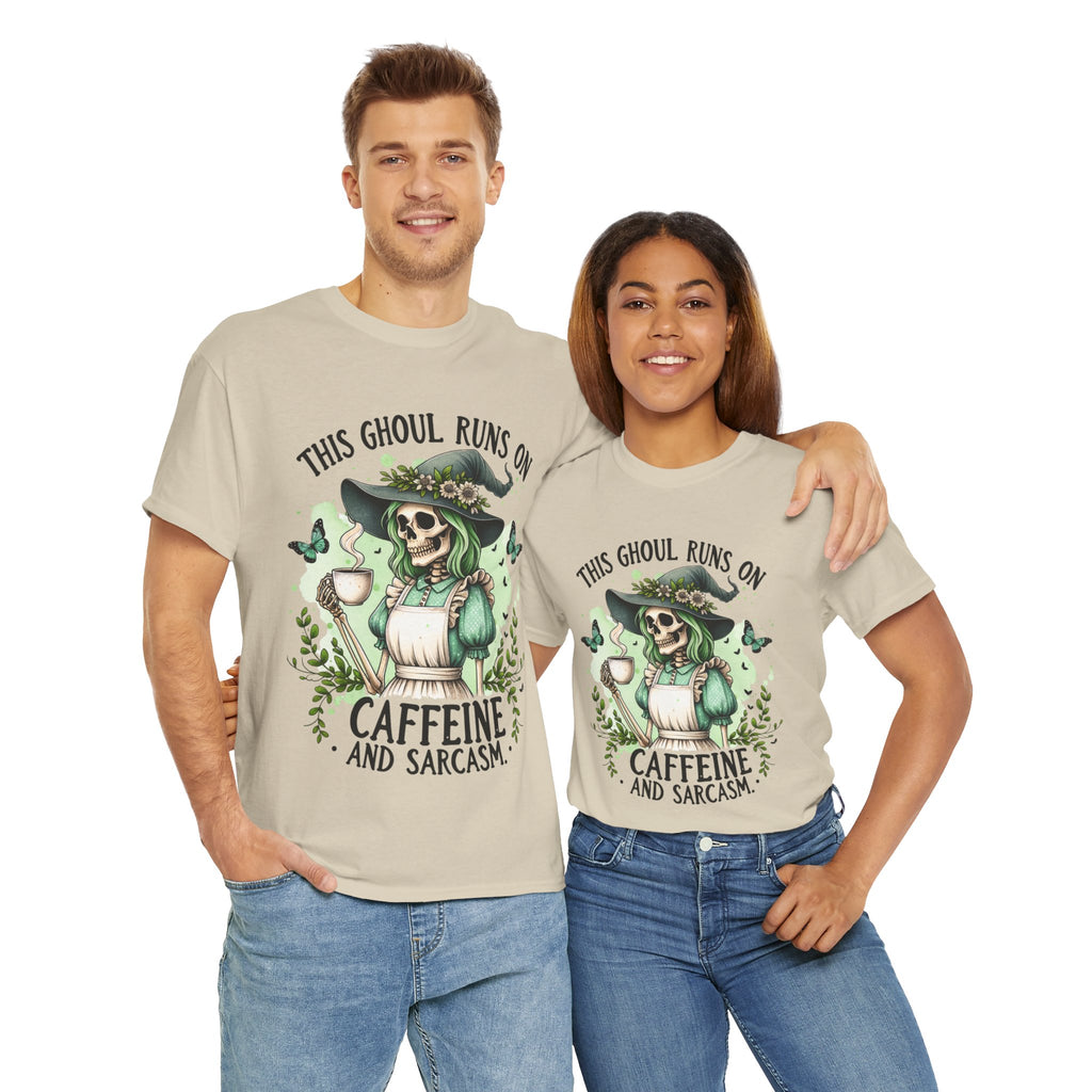 Caffeine and Sarcasm, Funny Halloween Tee, Unisex Tee, Perfect for Gifting, October Festivities, Casual Wear, Skeleton Graphic Tee