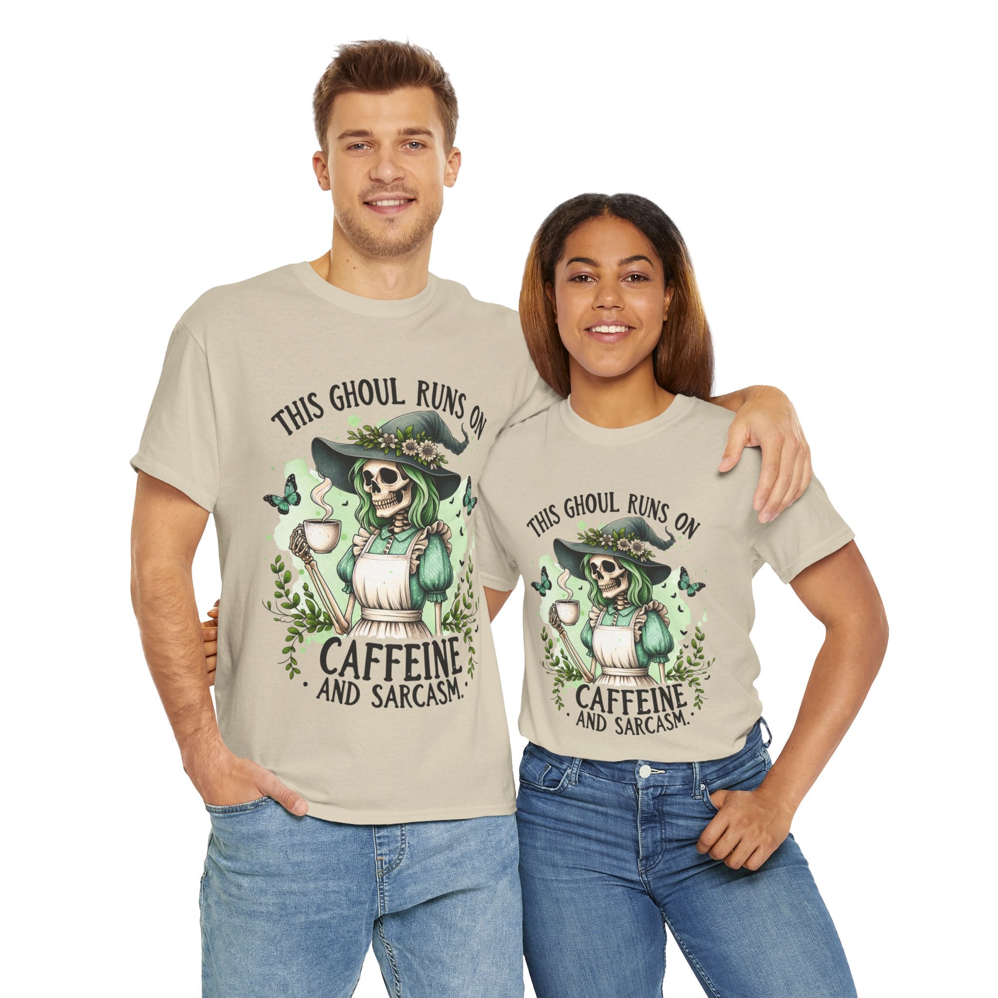 Caffeine and Sarcasm, Funny Halloween Tee, Unisex Tee, Perfect for Gifting, October Festivities, Casual Wear, Skeleton Graphic Tee