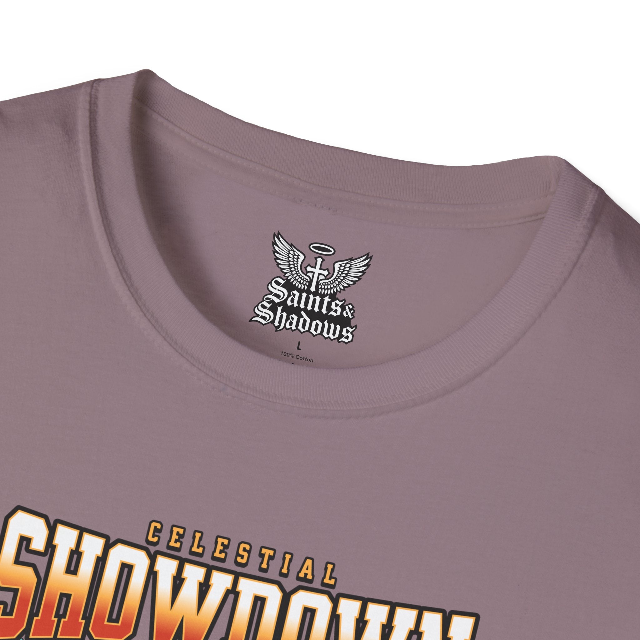 Saints and Shadows - Epic Showdown, Angelic Artwork Unisex Softstyle T-Shirt, Casual Wear