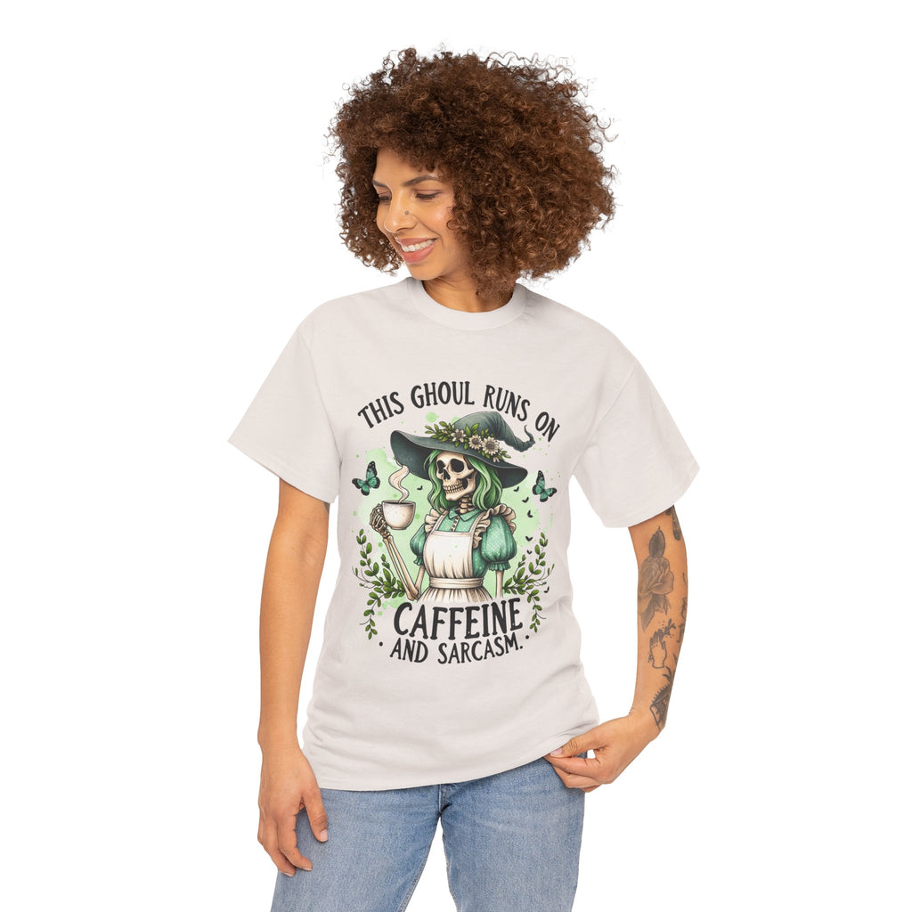 Caffeine and Sarcasm, Funny Halloween Tee, Unisex Tee, Perfect for Gifting, October Festivities, Casual Wear, Skeleton Graphic Tee