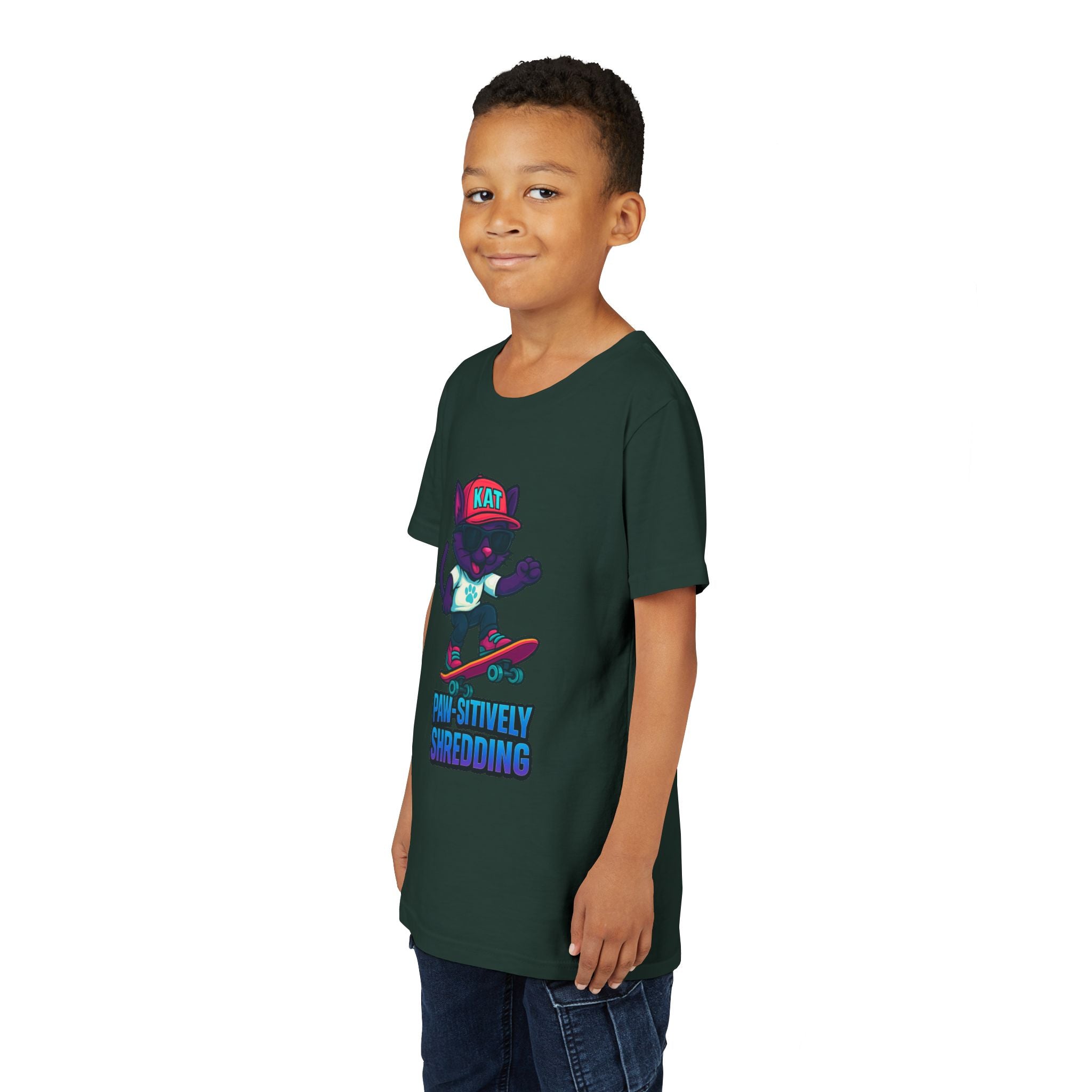 DJ KAT PAWS Paw-sitively Shredding, Skateboarding Youth Tee | Fun Summer Shirt, Motivational Kids T-Shirt, Birthday Gift for Boys & Girls