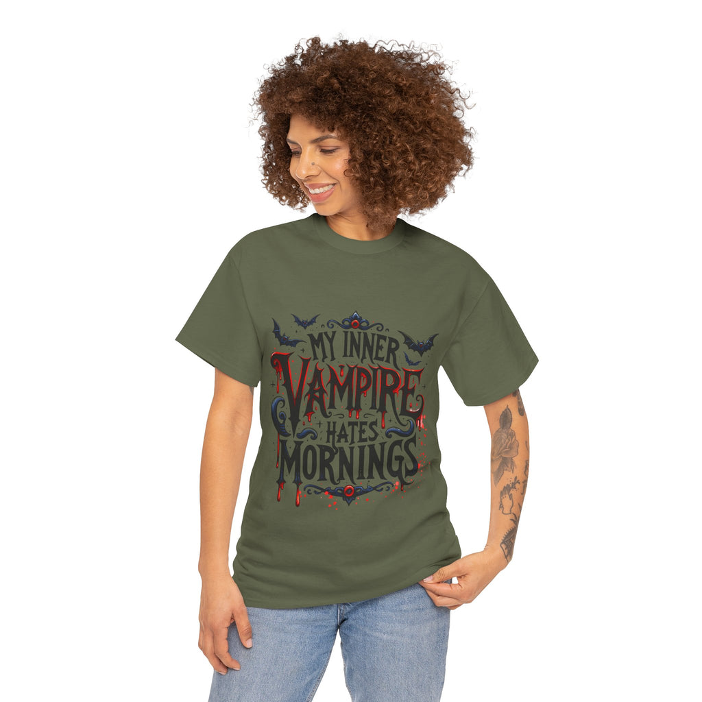 My Inner Vampire Hates Mornings, Tee - Unisex Heavy Cotton Shirt for Halloween, Gifts, Casual Wear, Funny T-Shirt, Vampire Lover Apparel