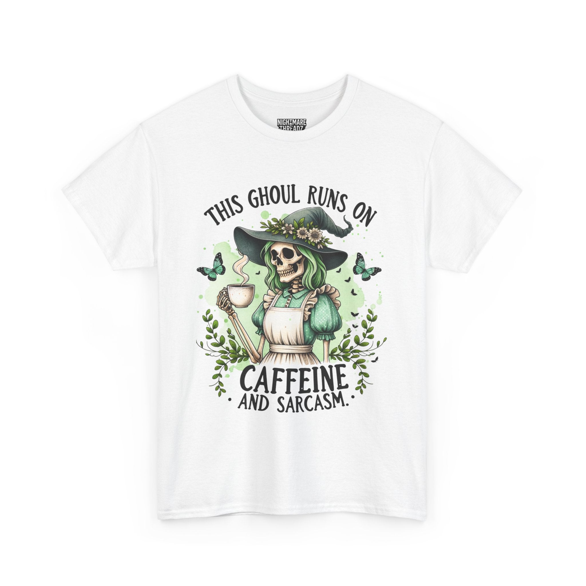 Caffeine and Sarcasm, Funny Halloween Tee, Unisex Tee, Perfect for Gifting, October Festivities, Casual Wear, Skeleton Graphic Tee