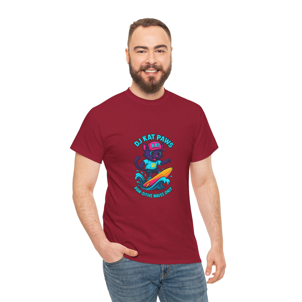 DJ KAT PAWS Surfing Fun T-Shirt | Stay Cool, Have Fun, Play Safe, Be You! | Fun Summer Tee, Gift for Cat Lovers, Beach Vibes