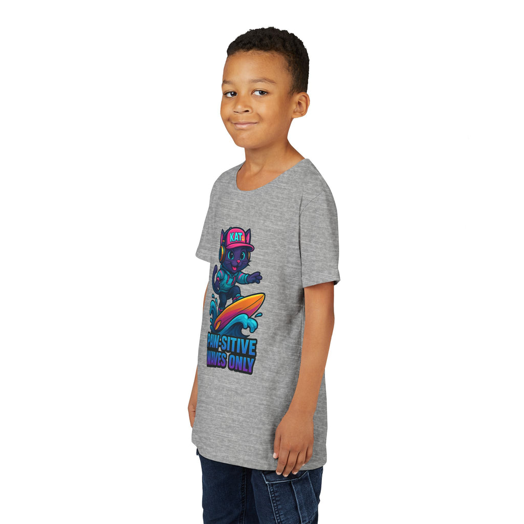 DJ KAT PAWS Paw-Sitive Waves Only, Youth Tee | Kids Surfing T-Shirt, Fun Cat Graphic Top, Summer Apparel, Gifts for Animal Lovers