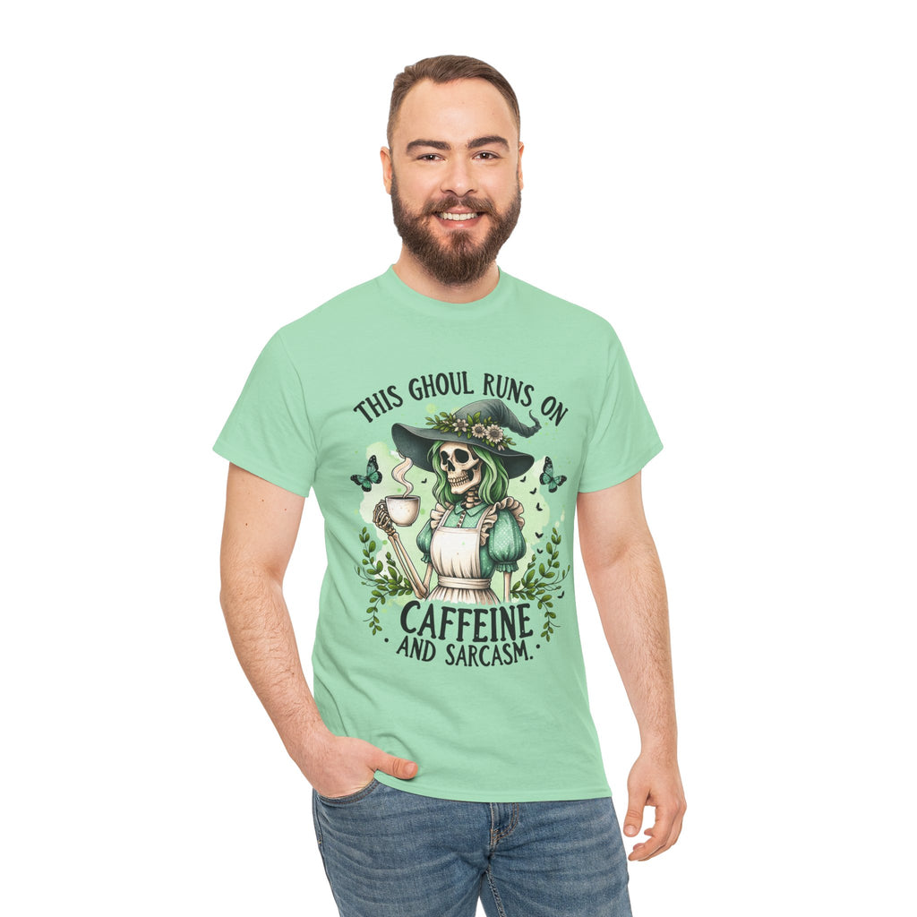 Caffeine and Sarcasm, Funny Halloween Tee, Unisex Tee, Perfect for Gifting, October Festivities, Casual Wear, Skeleton Graphic Tee