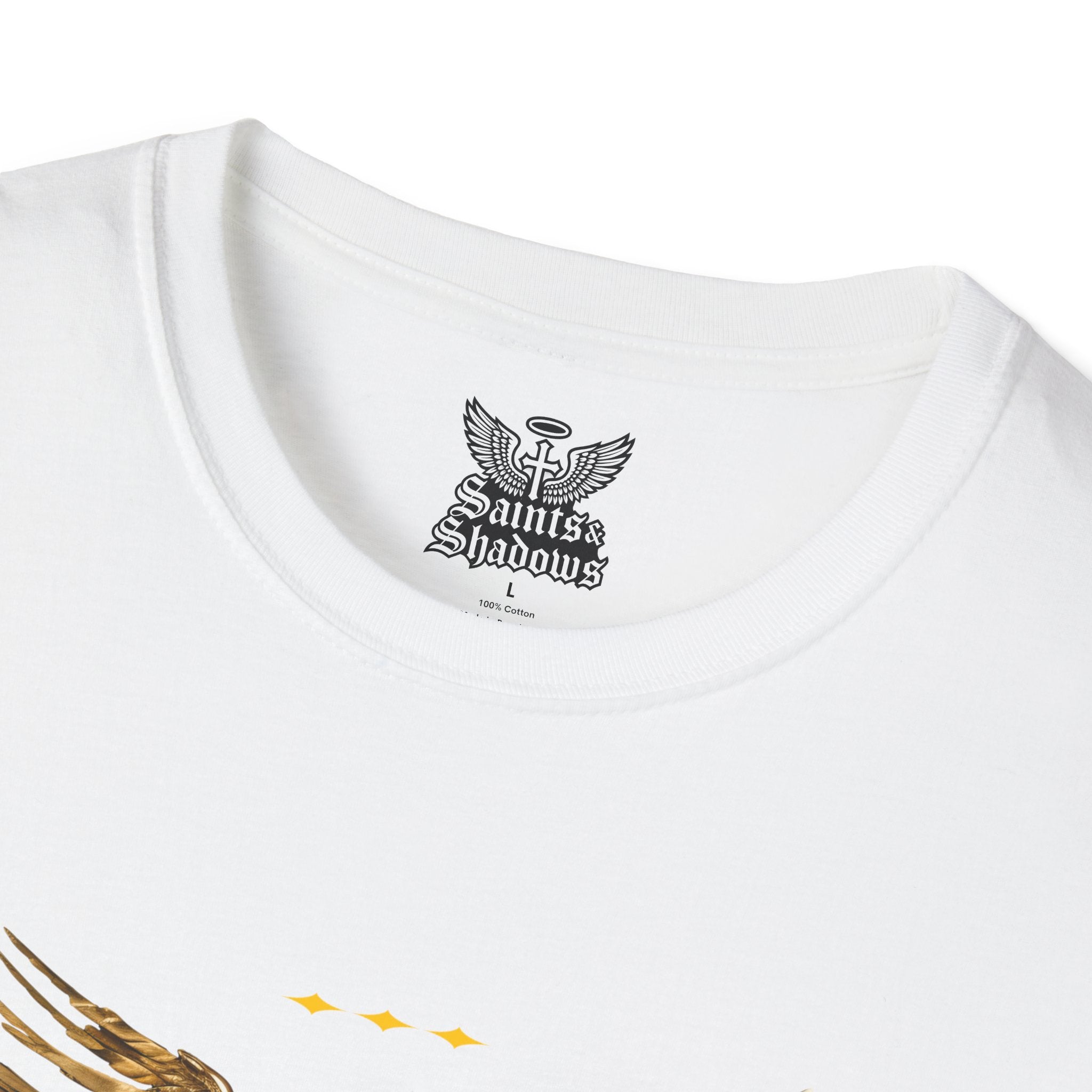 Saints and Shadows - Holy Wings, Angelic Artwork Unisex Softstyle T-Shirt, Casual Wear