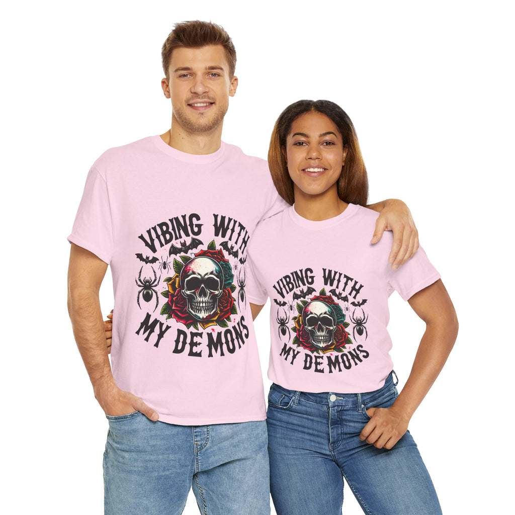 Vibing With My Demons, Halloween Skeleton & Pumpkin Tee, Spooky Season Apparel, Fall Fashion, Gift for Halloween Lovers