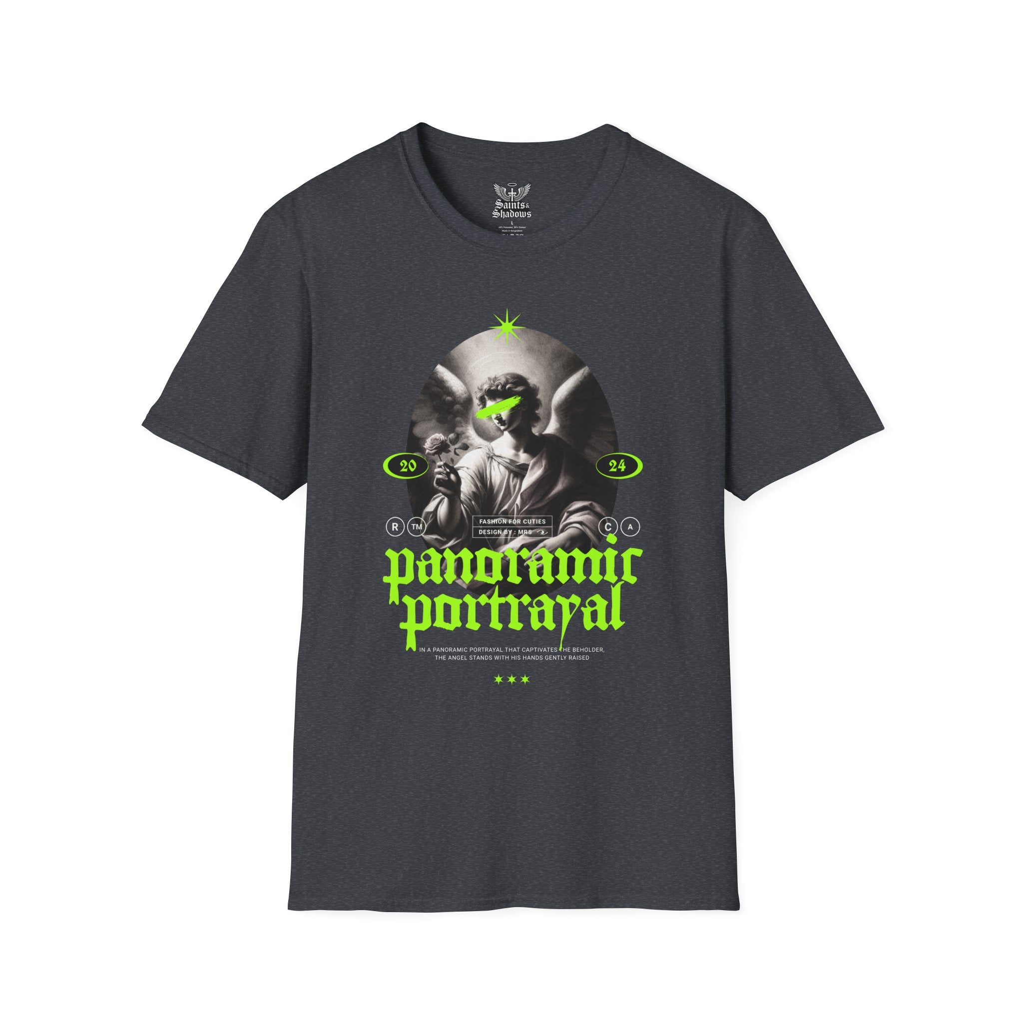 Saints and Shadows - Panoramic Portrayal, Angelic Artwork Unisex Softstyle T-Shirt, Casual Wear