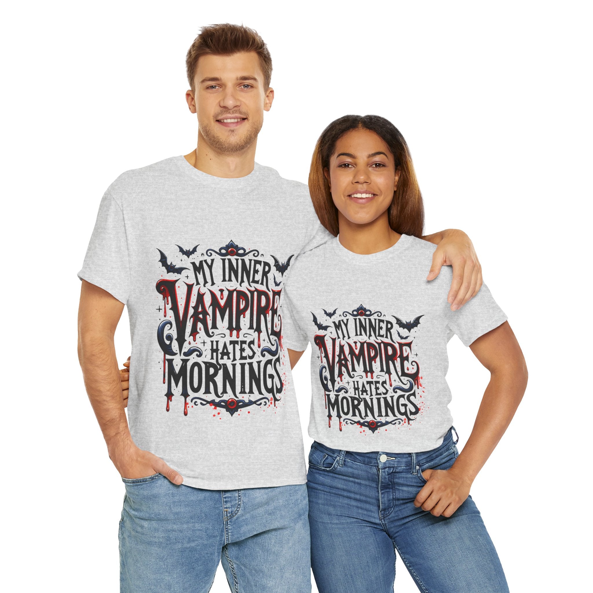 My Inner Vampire Hates Mornings, Tee - Unisex Heavy Cotton Shirt for Halloween, Gifts, Casual Wear, Funny T-Shirt, Vampire Lover Apparel