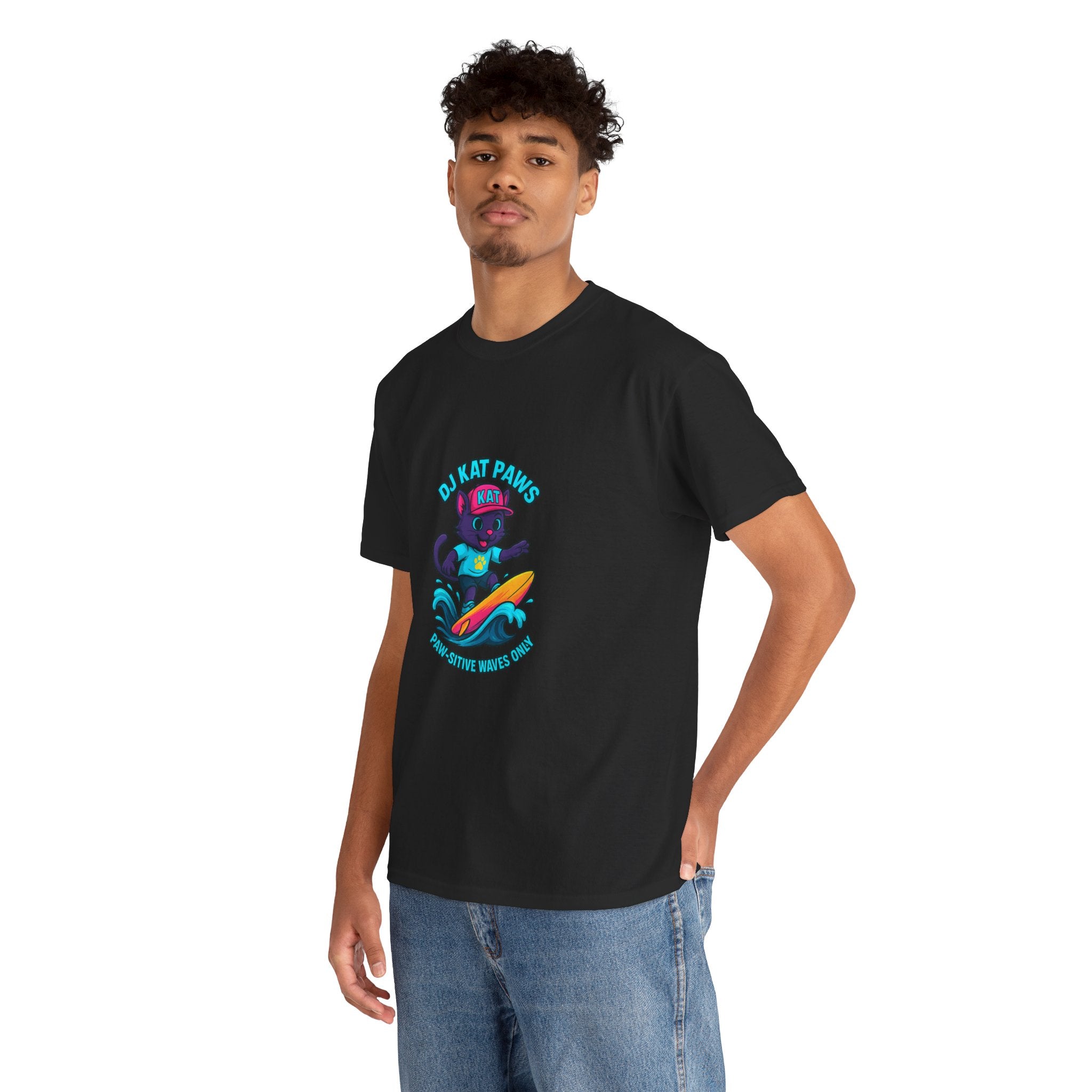 DJ KAT PAWS Surfing Fun T-Shirt | Stay Cool, Have Fun, Play Safe, Be You! | Fun Summer Tee, Gift for Cat Lovers, Beach Vibes