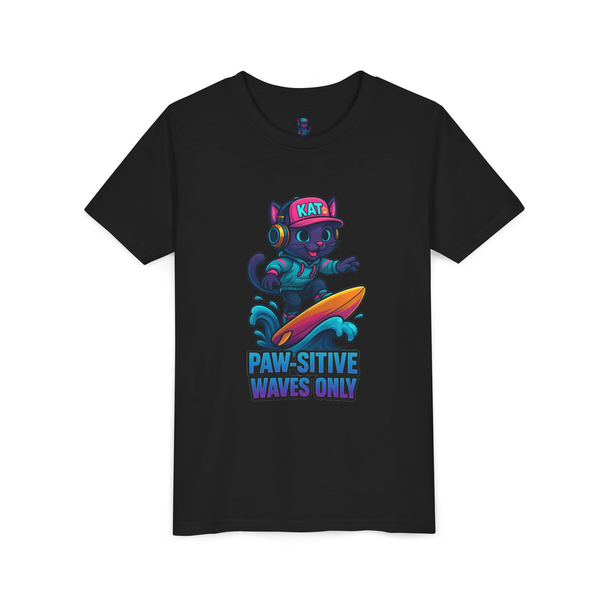 DJ KAT PAWS Paw-Sitive Waves Only, Youth Tee | Kids Surfing T-Shirt, Fun Cat Graphic Top, Summer Apparel, Gifts for Animal Lovers