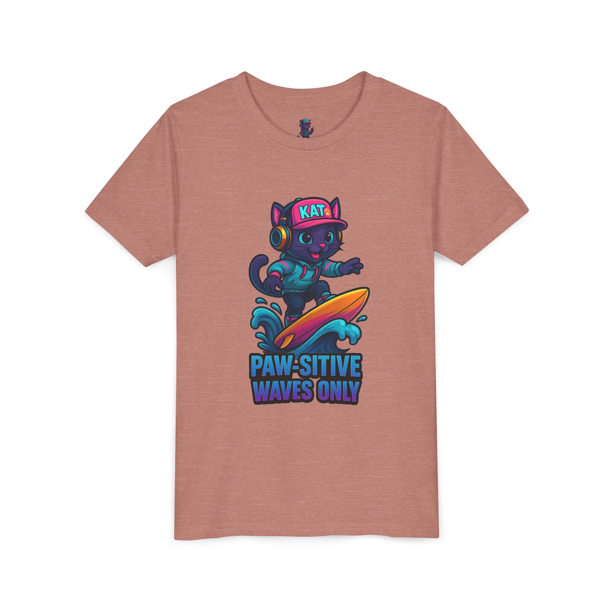 DJ KAT PAWS Paw-Sitive Waves Only, Youth Tee | Kids Surfing T-Shirt, Fun Cat Graphic Top, Summer Apparel, Gifts for Animal Lovers