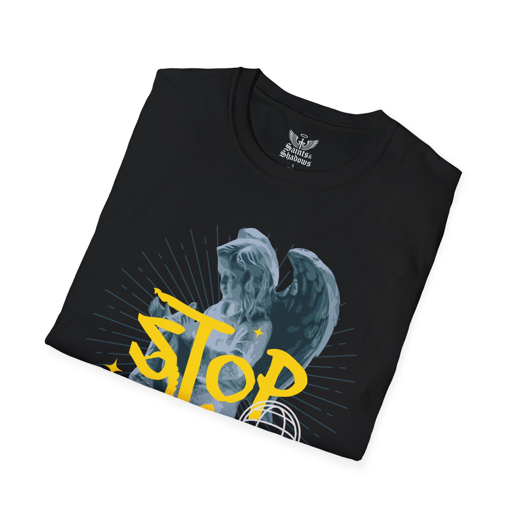Saints and Shadows - Stop Wars, Angelic Artwork Unisex Softstyle T-Shirt, Casual Wear